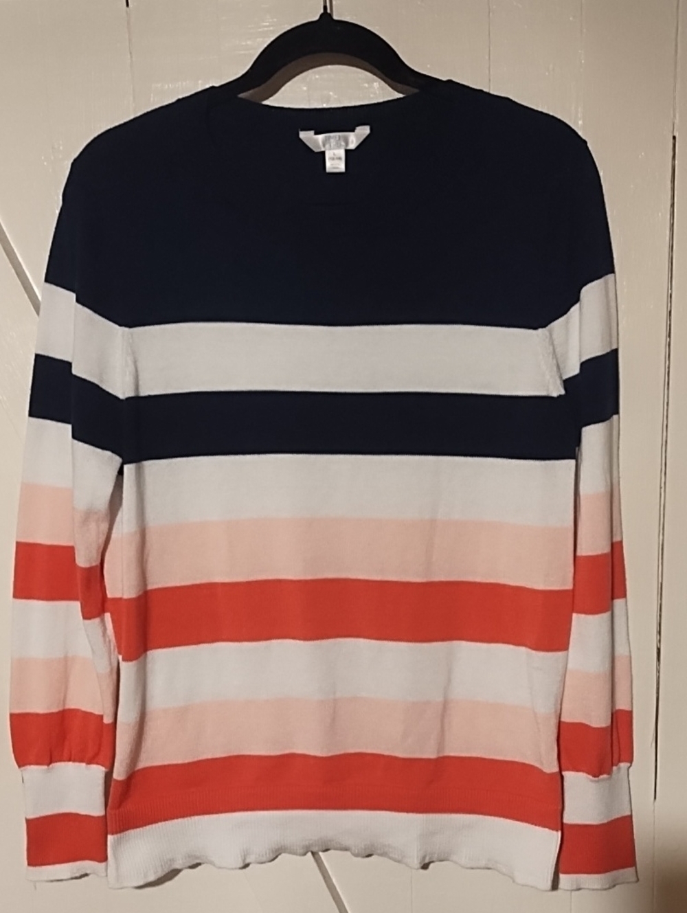 Time and Tru Size Large In EUC. Striped Crewneck Sweater - Black, White, & Coral
